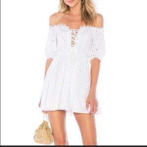HOUSE OF HARLOW WHITE EYELET MINI DRESS WI/BONE IN BREAST AND FRONT TIE 26”W 15p